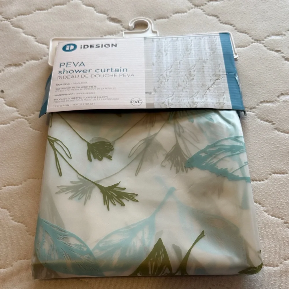iDesign PEVA Shower Curtain with Leaf Print and hooks